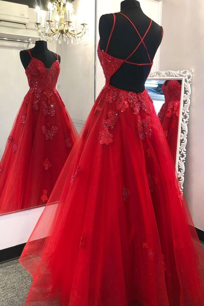 Gorgeous V Neck Backless Red Lace Prom Dress 2020, Backless Red Lace F