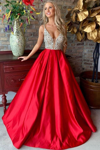 Gorgeous V Neck Sequins Red Long Prom Dress 2020, V Neck Red Formal Dress, Red Evening Dress
