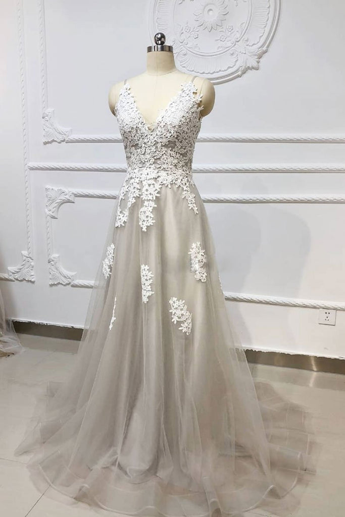 Gray A Line V Neck Lace Appliques Tulle Long Prom Dresses, Lace Gray Formal Dresses, Evening Dresses 2019