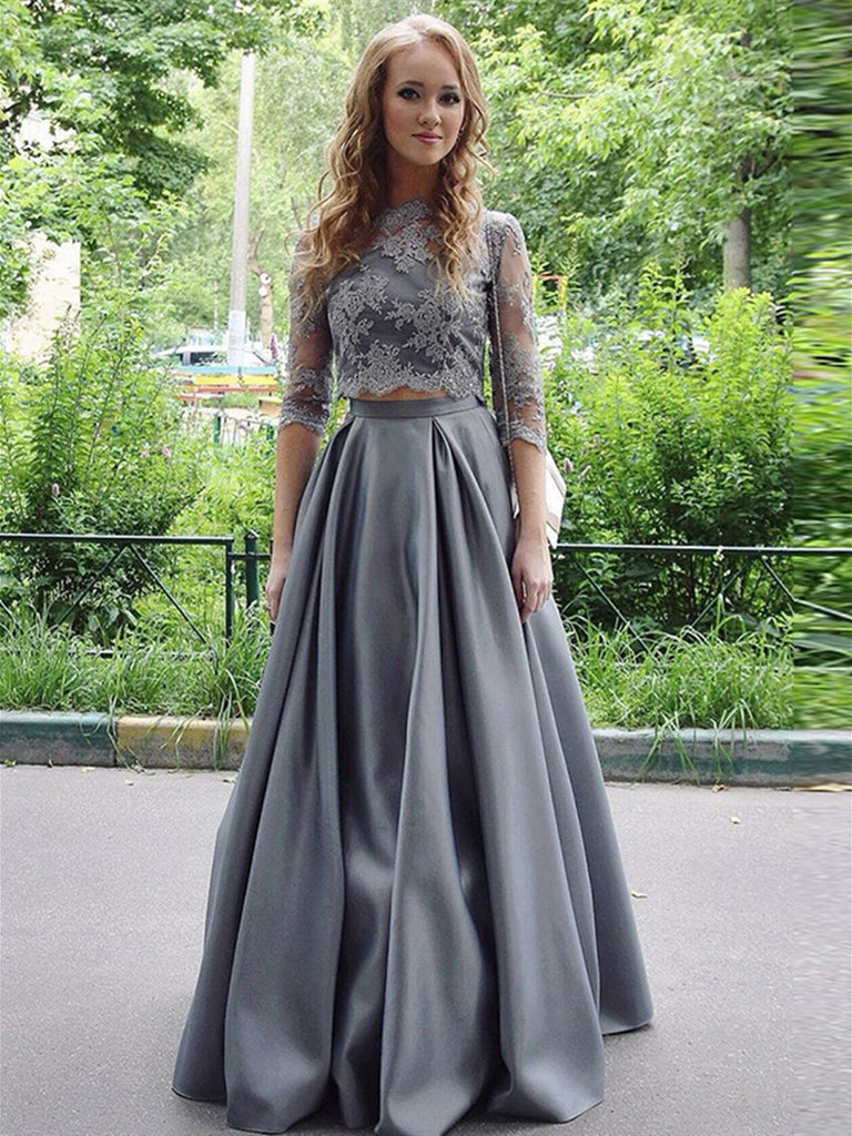 Gray Half Sleeves Two Pieces Lace Top Satin Long Prom Dresses, Two Pieces Gray Formal Dresses, Gray Lace Evening Dresses