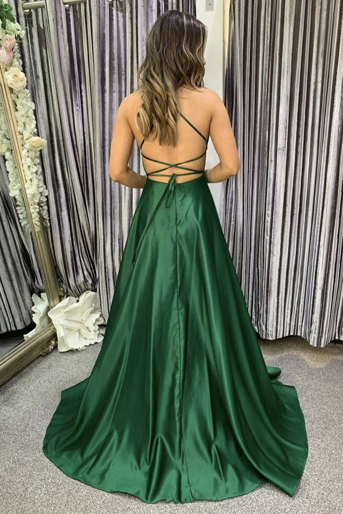 Green Satin Backless Long Prom Dress with High Slit, Open Back Green Formal Evening Dress Green Satin Backless Long Prom Dress with High Slit, Open Back Green Formal Evening Dress