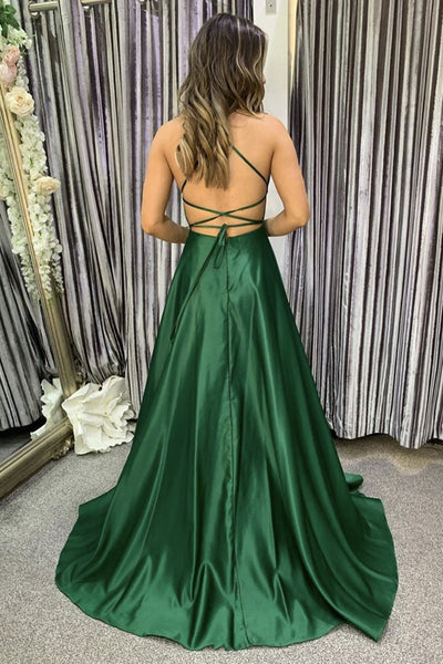 Green Satin Backless Long Prom Dress with High Slit, Open Back Green Formal Evening Dress