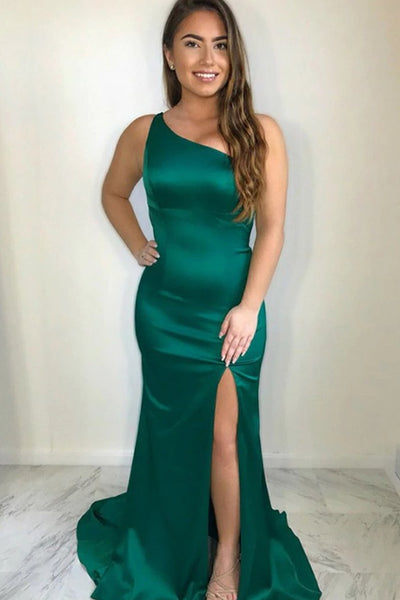 Green Satin One Shoulder Mermaid Long Prom Dress with Slit, Mermaid Green Formal Dress, Green Evening Dress