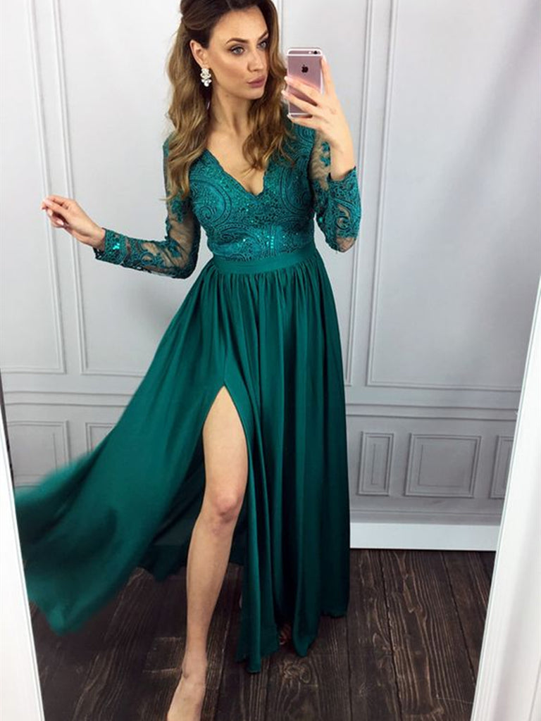Green A Line Long Sleeves Lace Long Prom Dresses with Leg Slit, Long S abcprom Green A Line Long Sleeves Lace Long Prom Dresses with Leg Slit, Long S abcprom