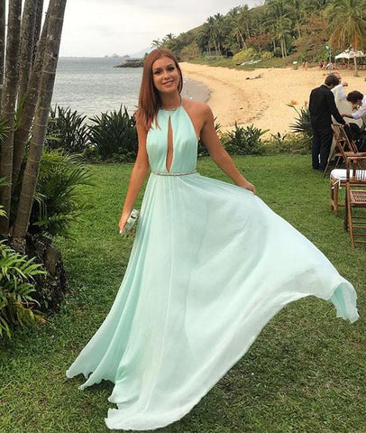 Green Halter Neck Backless Chiffon Long Prom Dress, Green Formal Dress, Green Backless Graduation Dress, Evening Dress