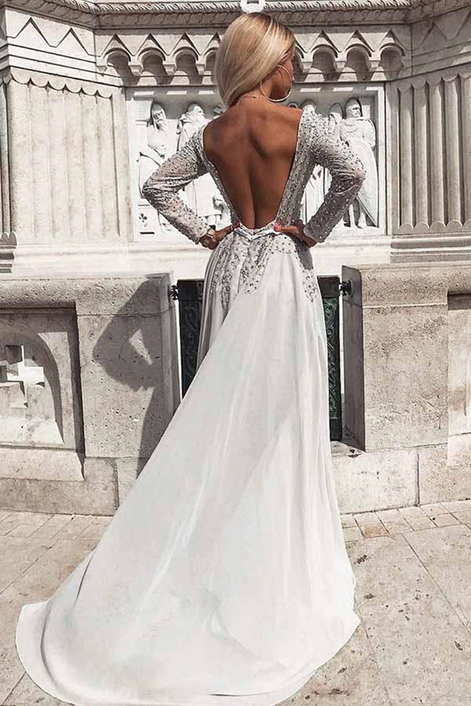 Silver Grey Sequins Long Sleeves Backless Prom Dress, Long Sleeves Sil abcprom Silver Grey Sequins Long Sleeves Backless Prom Dress, Long Sleeves Sil abcprom