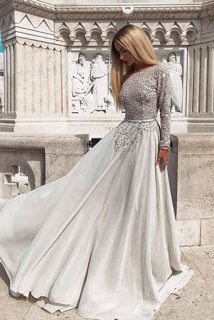 Silver Grey Sequins Long Sleeves Backless Prom Dress, Long Sleeves Silver Grey Formal Dress, Silver Grey Evening Dress