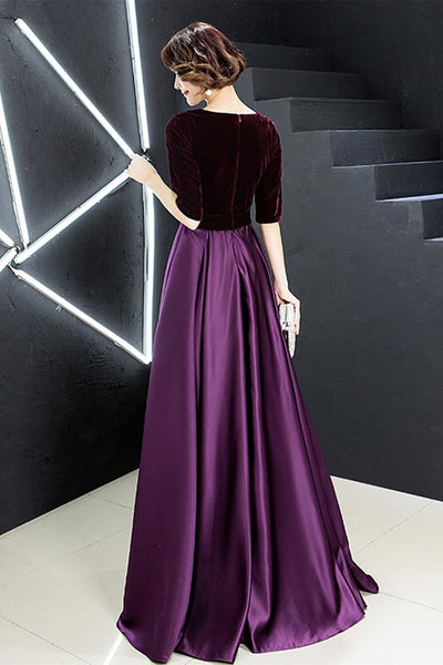Half Sleeve V Neck Purple Velvet Long Prom Dress, V Neck Purple Formal Dress, Purple Velvet Evening Dress A1399