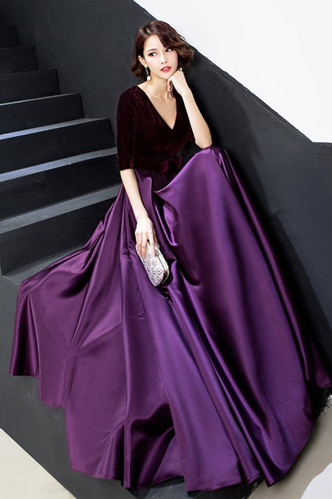 Half Sleeve V Neck Purple Velvet Long Prom Dress, V Neck Purple Formal abcprom Half Sleeve V Neck Purple Velvet Long Prom Dress, V Neck Purple Formal abcprom