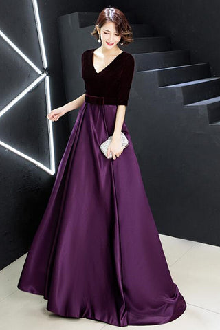 Half Sleeve V Neck Purple Velvet Long Prom Dress, V Neck Purple Formal Dress, Purple Velvet Evening Dress A1399