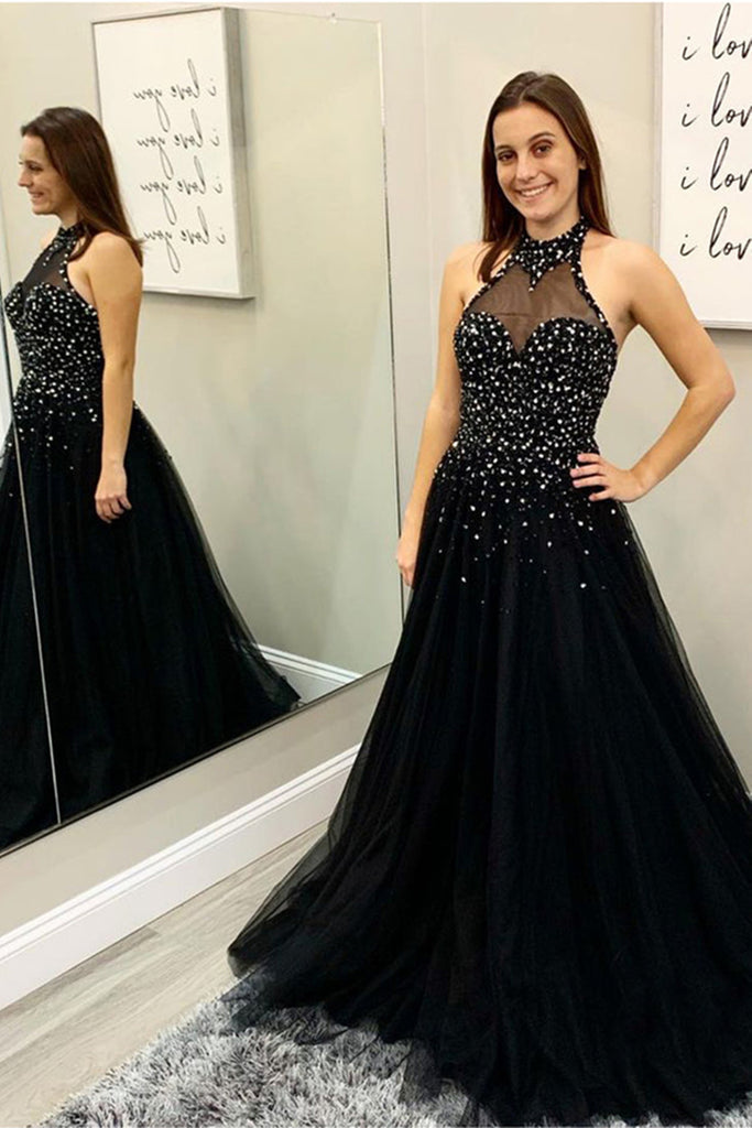 Halter Neck Backless Beaded Black Long Prom Dress, Beaded Black Formal Dress, Long Black Evening Dress A1419 Halter Neck Backless Beaded Black Long Prom Dress, Beaded Black Formal Dress, Long Black Evening Dress A1419