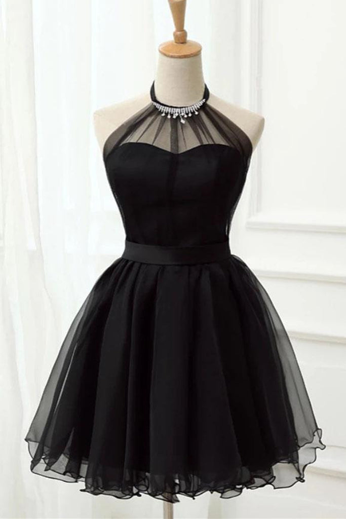 Halter Neck Backless Black Short Prom Dress, Open Back Black Homecoming Dress, Short Black Formal Graduation Evening Dress