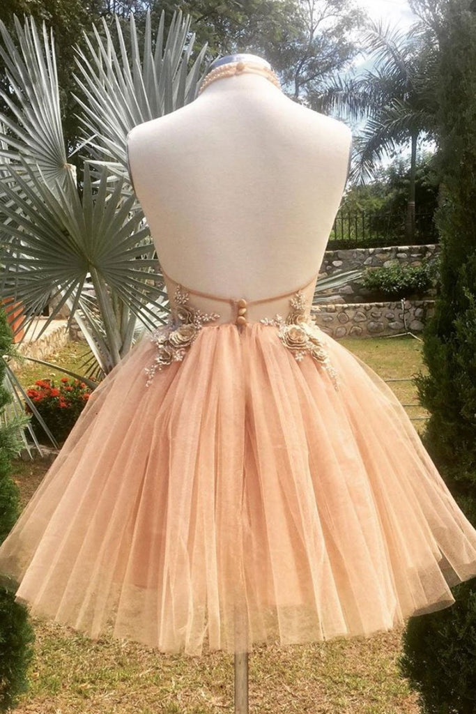 Halter Neck Backless Champagne 3D Floral Short Prom Dress, Backless Ch –  abcprom