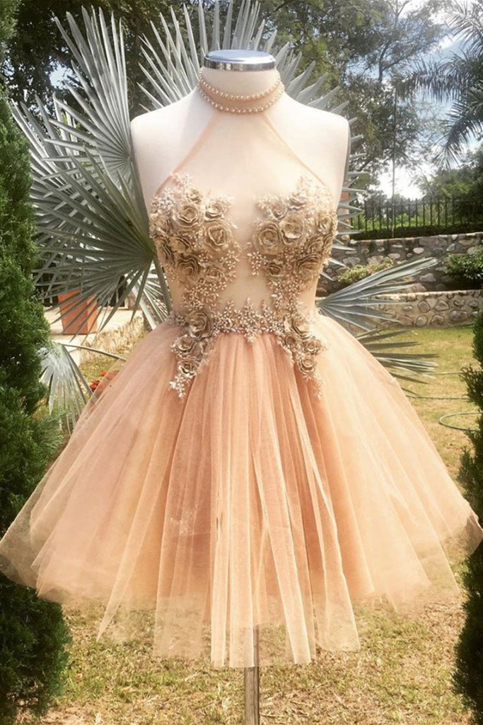 Halter Neck Backless Champagne 3D Floral Short Prom Dress, Backless Champagne Formal Graduation Homecoming Dress Halter Neck Backless Champagne 3D Floral Short Prom Dress, Backless Champagne Formal Graduation Homecoming Dress