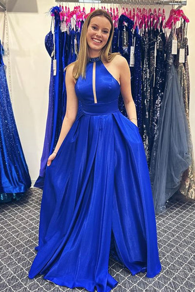 Halter Neck Beaded Royal Blue Satin Long Prom Dress, Royal Blue Formal Graduation Evening Dress A1778