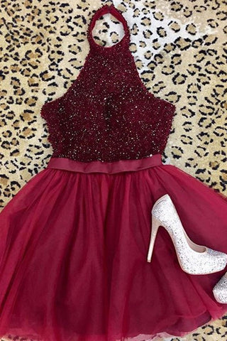 Halter Neck Open Back Beaded Burgundy Prom Dress, Backless Burgundy Homecoming Dress, Short Burgundy Formal Evening Dress A1267