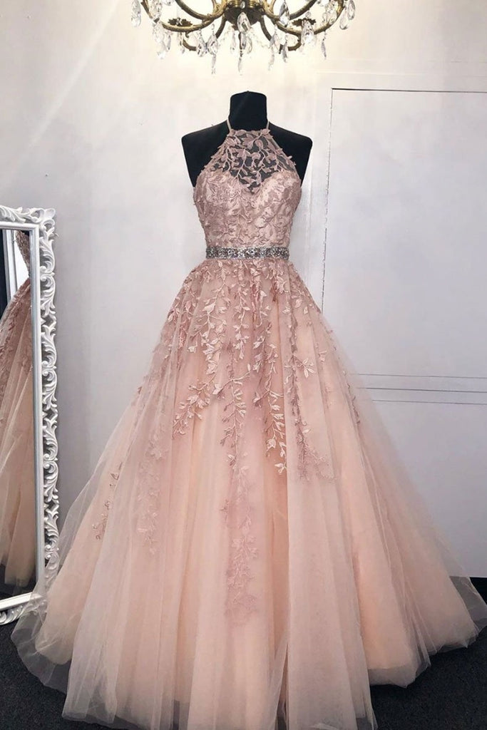 Halter Neck Pink Lace Long Prom Dress with Belt, Pink Lace Formal Dress, Pink Evening Dress