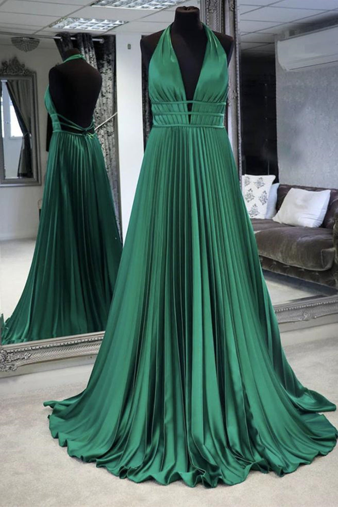 Halter V Neck Backless Emerald Green Satin Long Prom Dress, Backless E abcprom Halter V Neck Backless Emerald Green Satin Long Prom Dress, Backless E abcprom