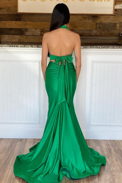 Halter V Neck Mermaid Two Pieces Green Long Prom Dress, Mermaid Green Formal Dress, Two Pieces Green Evening Dress A1512