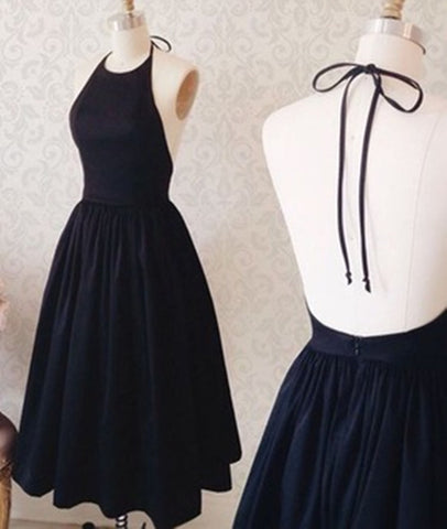 Halter Neck Backless Black Short Prom Dress, Black Homecoming Dress