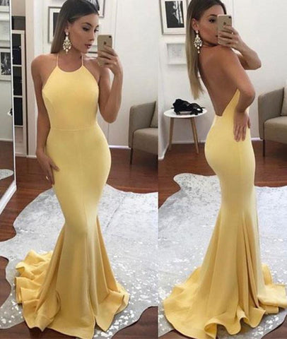 Halter Neck Mermaid Backless Yellow/Pink Prom Dresses, Yellow/Pink Mermaid Formal Dresses, Evening Dresses