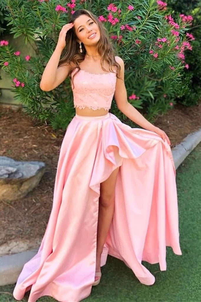 High-Low Two Pieces Lace Long Pink Prom Dress with Slit, Two Pieces Pink Lace Formal Dress, Pink Lace Evening Dress