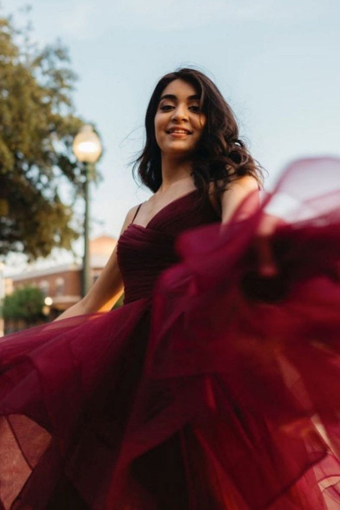 red low high dress High Low Burgundy Tulle Long Prom Dress, Wine Red High Low Formal Even – abcprom