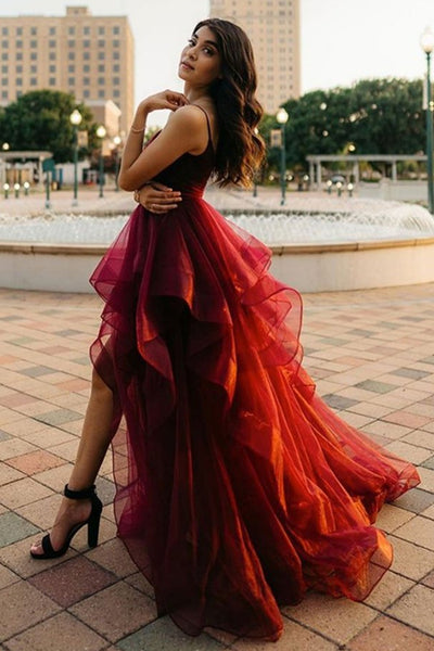 High Low Burgundy Tulle Long Prom Dress, Wine Red High Low Formal Evening Dress