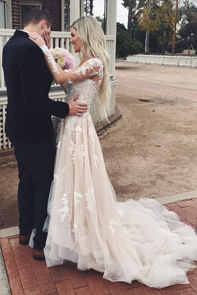 High Low Long Sleeves Champagne Lace Prom Wedding Dress, V Neck Champagne Lace Formal Dress, Champagne Lace Evening Dress A1385