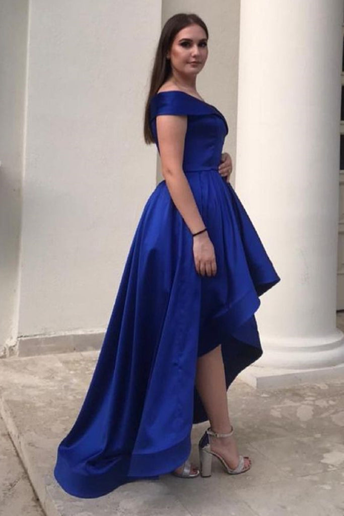 High Low Off Shoulder Blue Satin Long Prom Dress, High Low Blue Formal