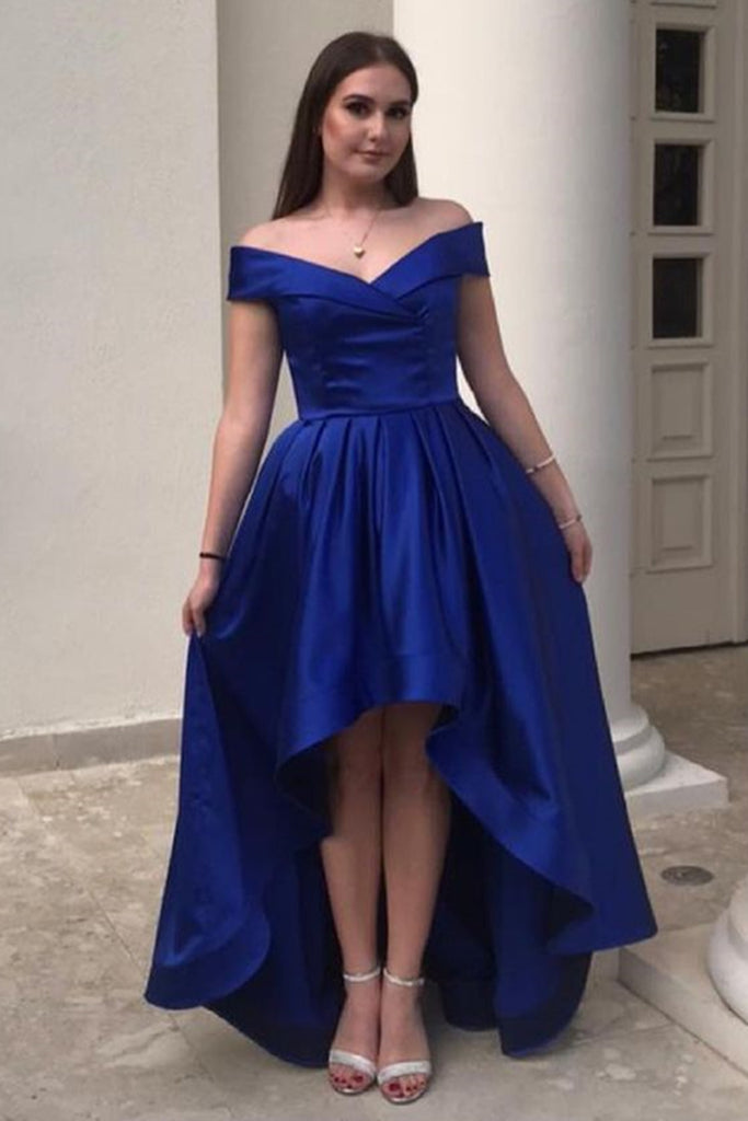 High Low Off Shoulder Blue Satin Long Prom Dress, High Low Blue Formal Dress, Off Shoulder Blue Evening Dress