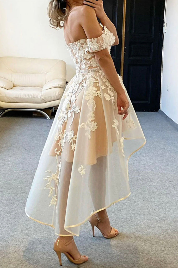 High Low Off Shoulder Champagne Lace Prom Dress High Low