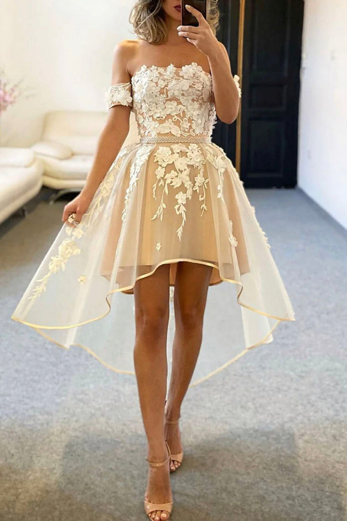 champagne short dresses High Low Off Shoulder Lace Prom Dress, High Low Champagne Homecoming Dress, Champagne Formal Evening Dress A1649 Revolve prom dress in perfect for any special bf21:Women-Belt-Black Sizes:S/M/L