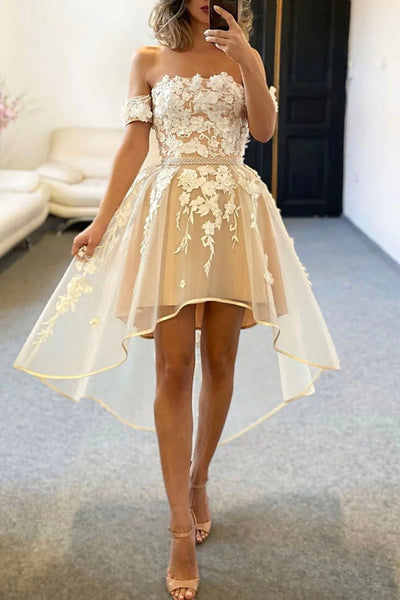 High Low Off Shoulder Champagne Lace Prom Dress, High Low Champagne Homecoming Dress, Short Champagne Formal Evening Dress A1649
