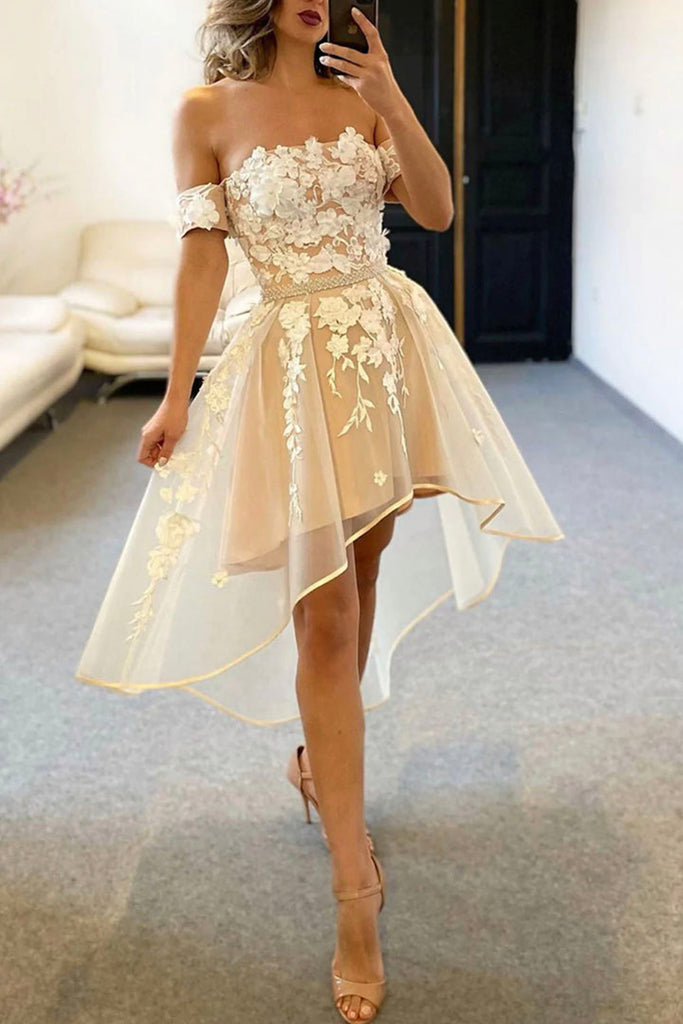 High Low Off Shoulder Champagne Lace Prom Dress, High Low Champagne Homecoming Dress, Short Champagne Formal Evening Dress A1649