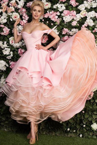 High Low Off Shoulder Pink Long Prom Dress, High Low Pink Formal Dress, Pink Evening Dress A1629