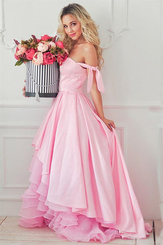 High Low Off Shoulder Pink Long Prom Dress, High Low Pink Formal Dress, Pink Evening Dress A1629