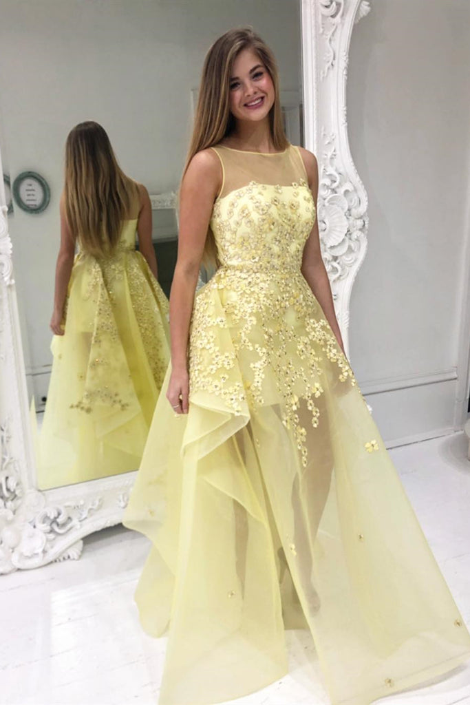 yellow lace high neck dress Yellow Halter Neck Lace Tiered Corset Prom Dress with Slit