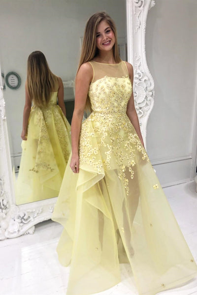 High Low Round Neck Yellow Floral Lace Long Prom Dress, Yellow Lace Formal Dress, Yellow Evening Dress