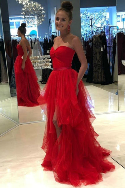 High Low Strapless Champagne/Red Long Prom Dress, Champagne/Red Formal Graduation Evening Dress