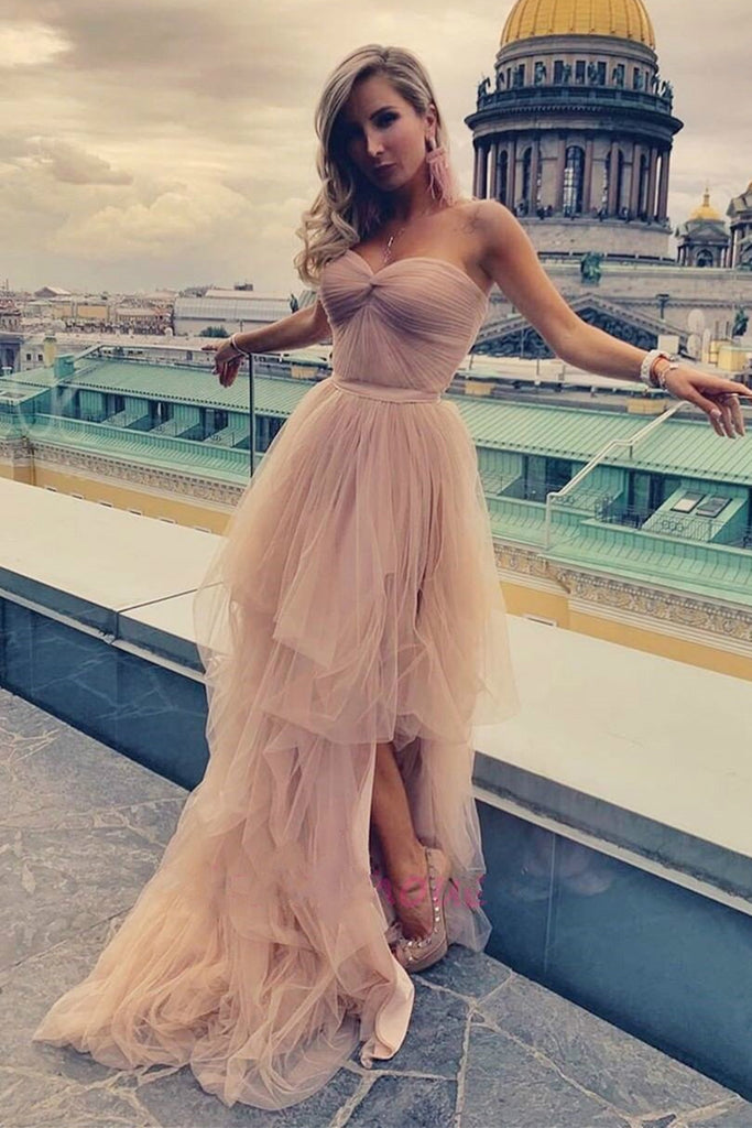 High Low Strapless Champagne/Red Long Prom Dress, Champagne/Red Formal – abcprom