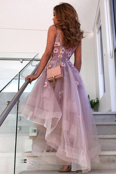 High Low V Neck Appliques Purple Lace Prom Dress, High Low Purple Lace Formal Graduation Homecoming Dress