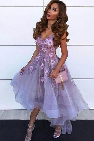 High Low V Neck Appliques Purple Lace Prom Dress, High Low Purple Lace Formal Graduation Homecoming Dress