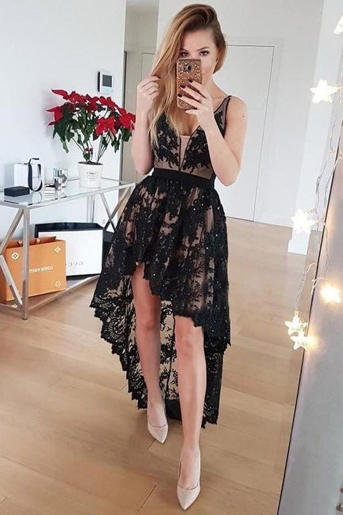 High Low V Neck Open Back Black Lace Prom Dress, High Low Black Homeco abcprom High Low V Neck Open Back Black Lace Prom Dress, High Low Black Homeco abcprom