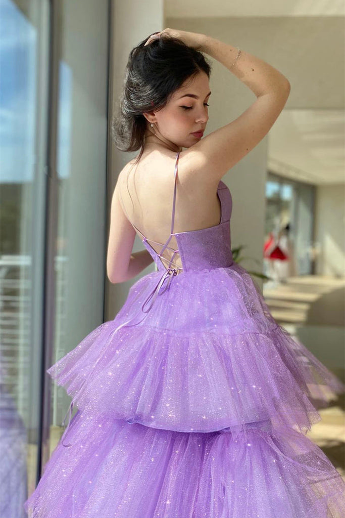 High Low V Neck Layered Purple Tulle Long Prom Dresses, High Low Lilac –  abcprom