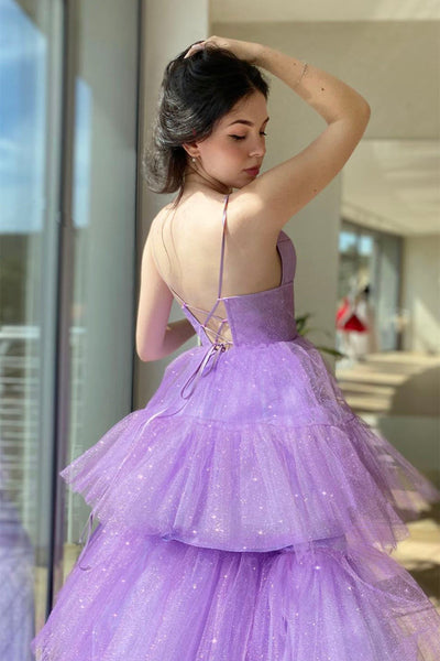 High Low V Neck Layered Purple Tulle Long Prom Dresses, High Low Lilac Formal Dresses, Purple Evening Dresses A1669