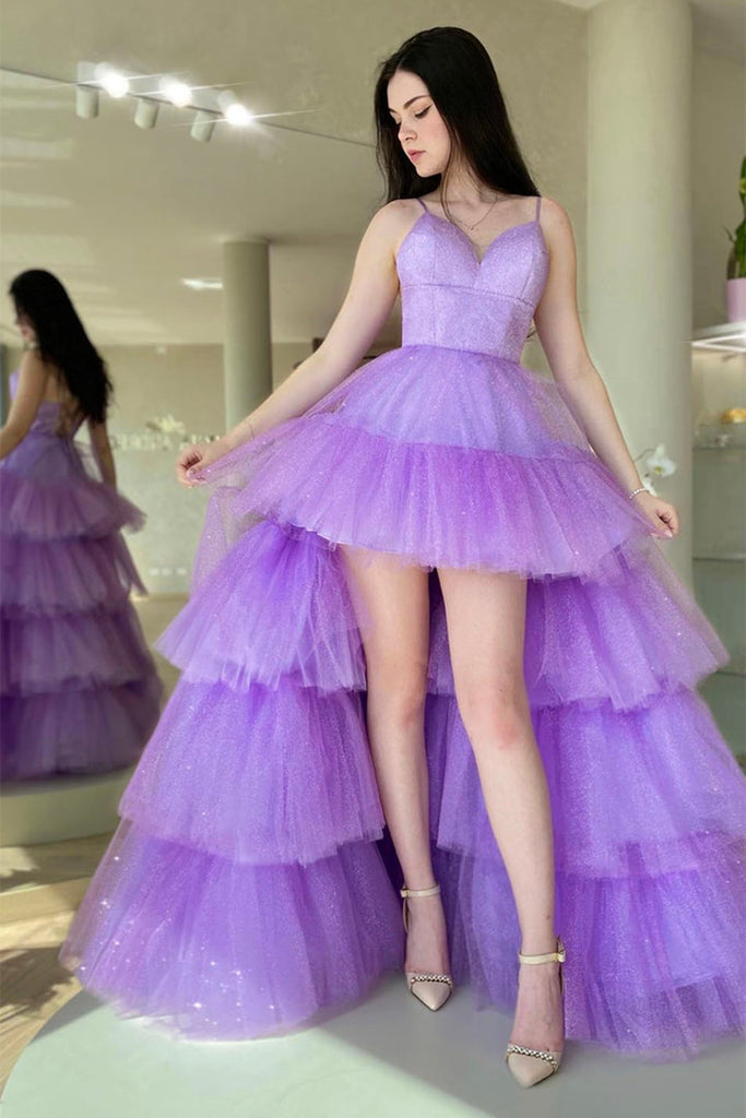 High Low V Neck Layered Purple Tulle Long Prom Dresses, High Low Lilac abcprom High Low V Neck Layered Purple Tulle Long Prom Dresses, High Low Lilac abcprom