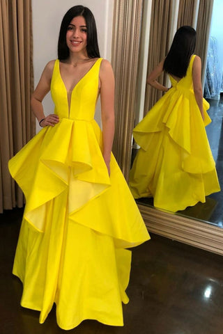 High Low V Neck Layered Yellow Satin Long Prom Dress, High Low Yellow Formal Dress, Yellow Evening Dress