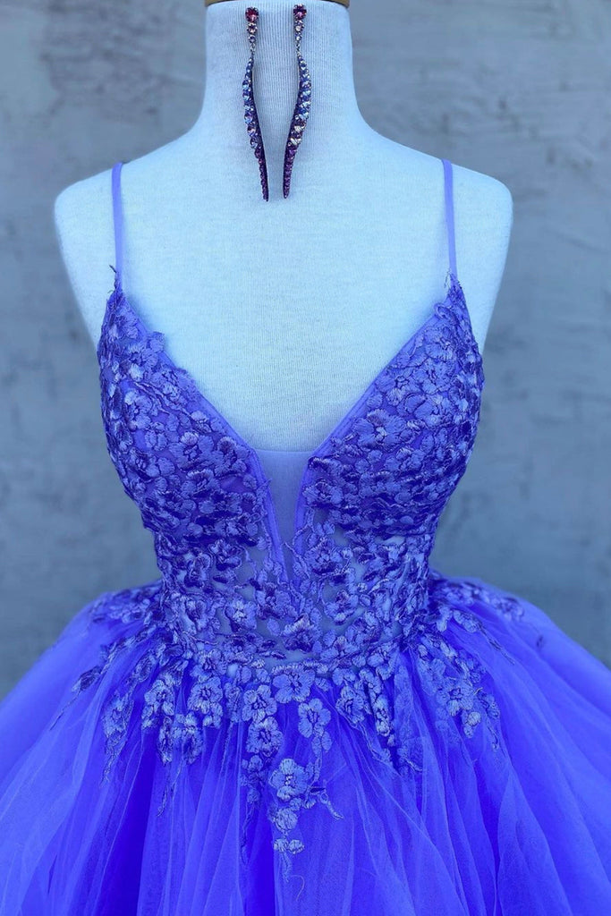 High Low V Neck Purple Lace Long Prom Dress, Lilac Lace Formal Dress, abcprom High Low V Neck Purple Lace Long Prom Dress, Lilac Lace Formal Dress, abcprom