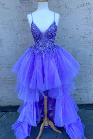 High Low V Neck Purple Lace Long Prom Dress, Lilac Lace Formal Dress, Purple Evening Dress A1697